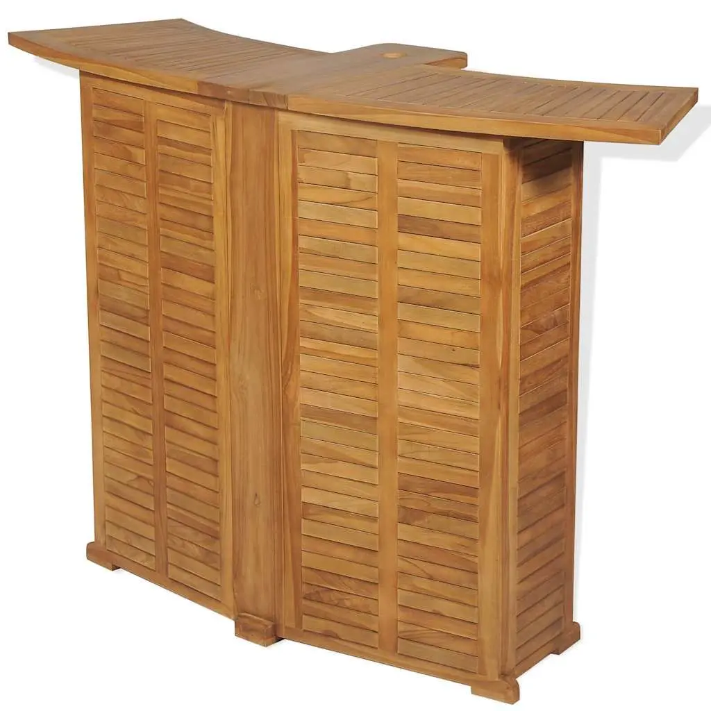Folding Bar Table Teak Wood 155 x 53 x 105 cm Brown Outdoor Garden Parasol Hole Bottle Holder Shelves