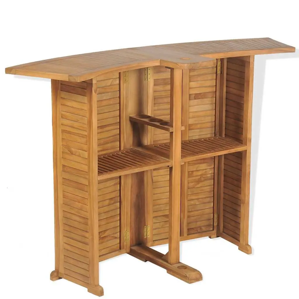 Folding Bar Table Teak Wood 155 x 53 x 105 cm Brown Outdoor Garden Parasol Hole Bottle Holder Shelves