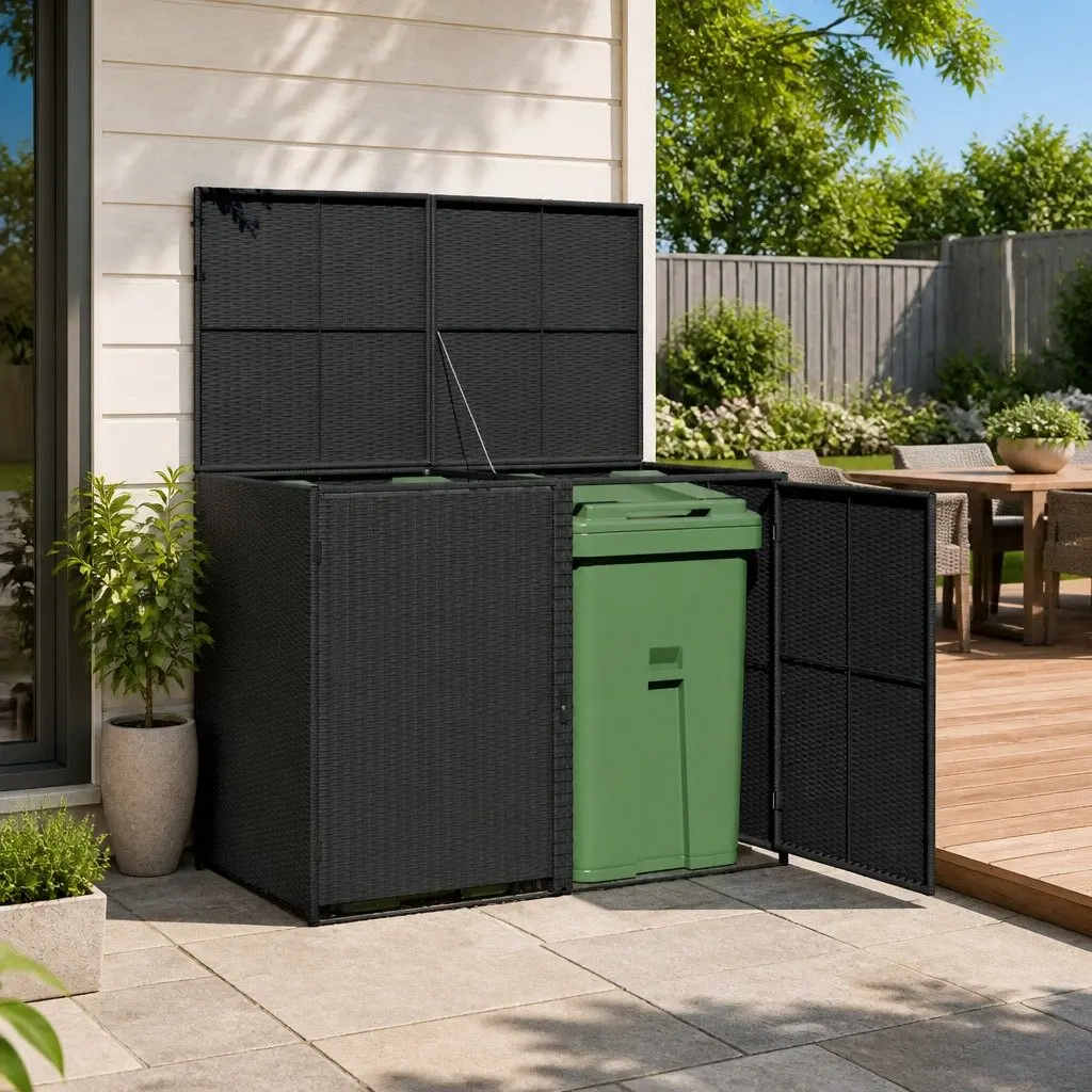 Rattan Storage Box Outdoor Double Wheelie Bin Shed Black 148x80x111cm with Hinged Lid and Locking Front Doors