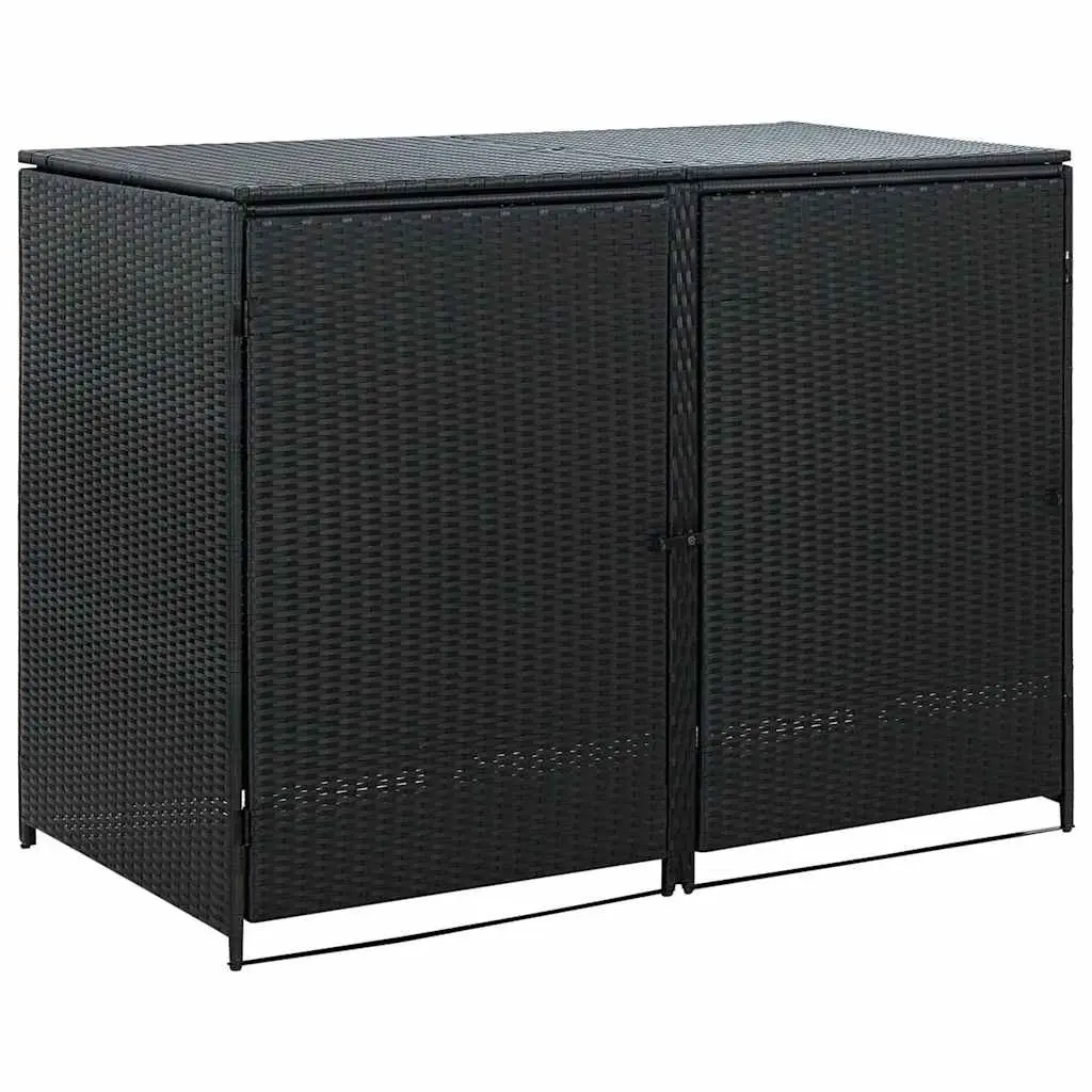 Rattan Storage Box Outdoor Double Wheelie Bin Shed Black 148x80x111cm with Hinged Lid and Locking Front Doors