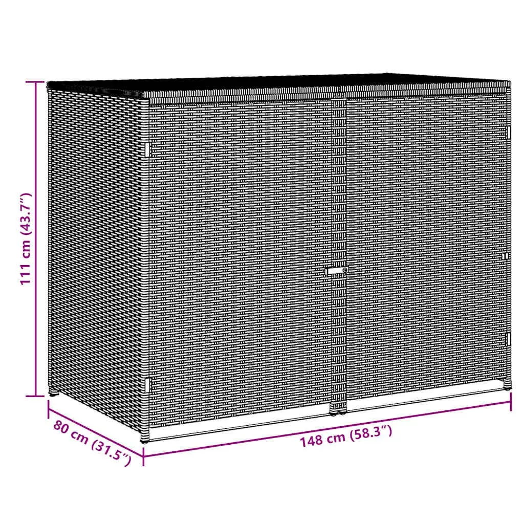 Rattan Storage Box Outdoor Double Wheelie Bin Shed Black 148x80x111cm with Hinged Lid and Locking Front Doors