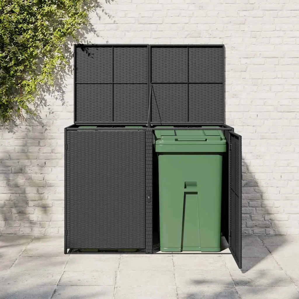 Rattan Storage Box Outdoor Double Wheelie Bin Shed Black 148x80x111cm with Hinged Lid and Locking Front Doors