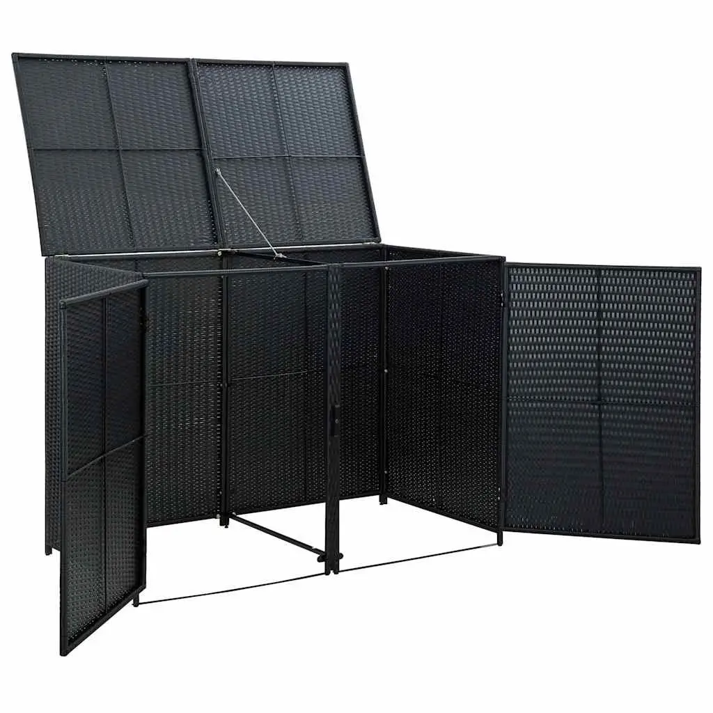 Rattan Storage Box Outdoor Double Wheelie Bin Shed Black 148x80x111cm with Hinged Lid and Locking Front Doors