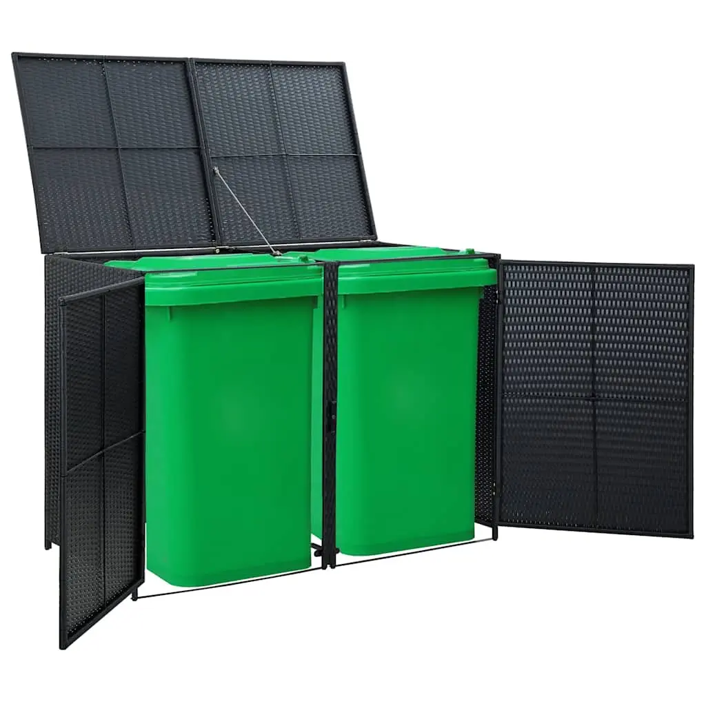 Rattan Storage Box Outdoor Double Wheelie Bin Shed Black 148x80x111cm with Hinged Lid and Locking Front Doors