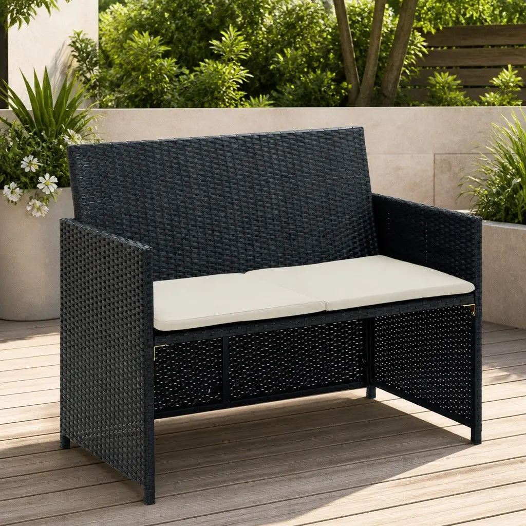 2-Seater Outdoor Sofa Garden Patio Furniture with Cushions Black Rattan