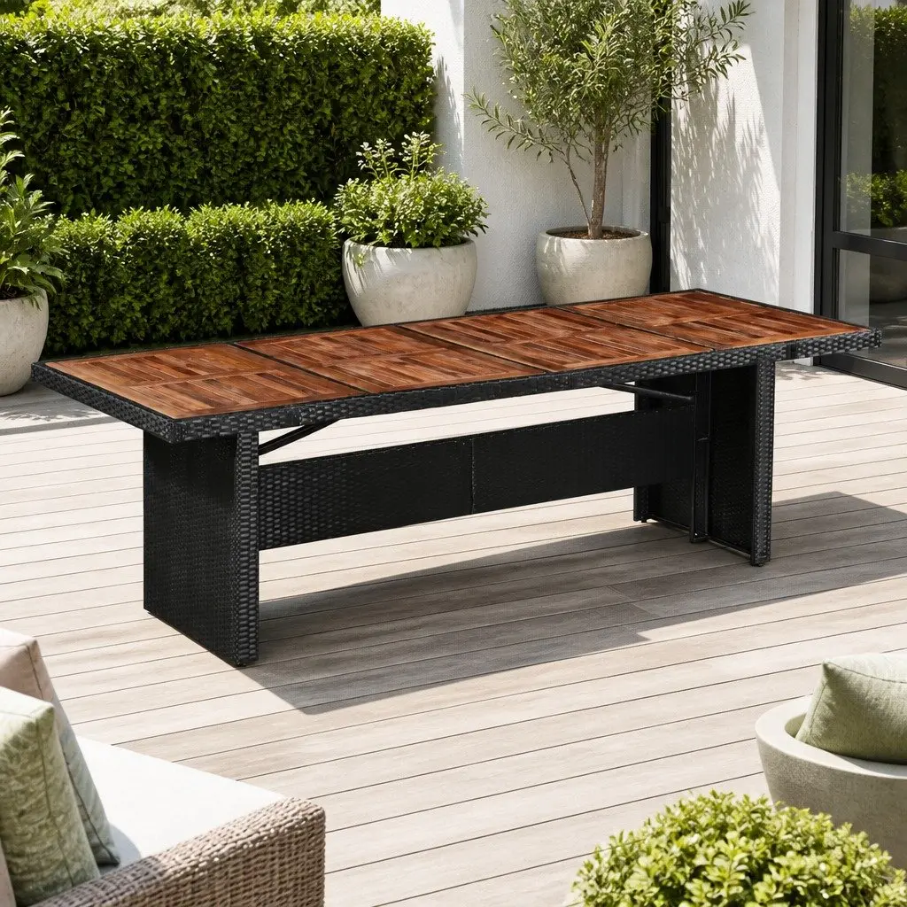 Garden Dining Table 240x90x74cm Poly Rattan Acacia Wood Patio Furniture Brown