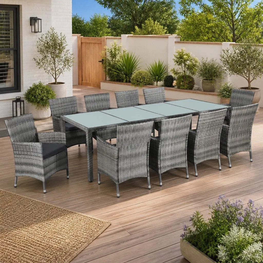Outdoor Dining Set Poly Rattan 11 Piece Garden Furniture with Cushions Grey