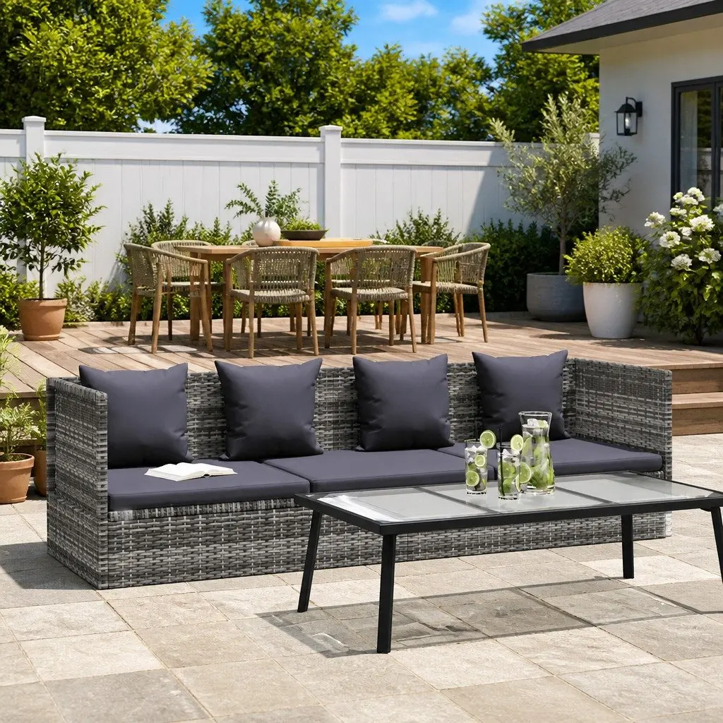 Garden Bed Adjustable Grey Poly Rattan Outdoor Lounger 200x60cm with Cushions