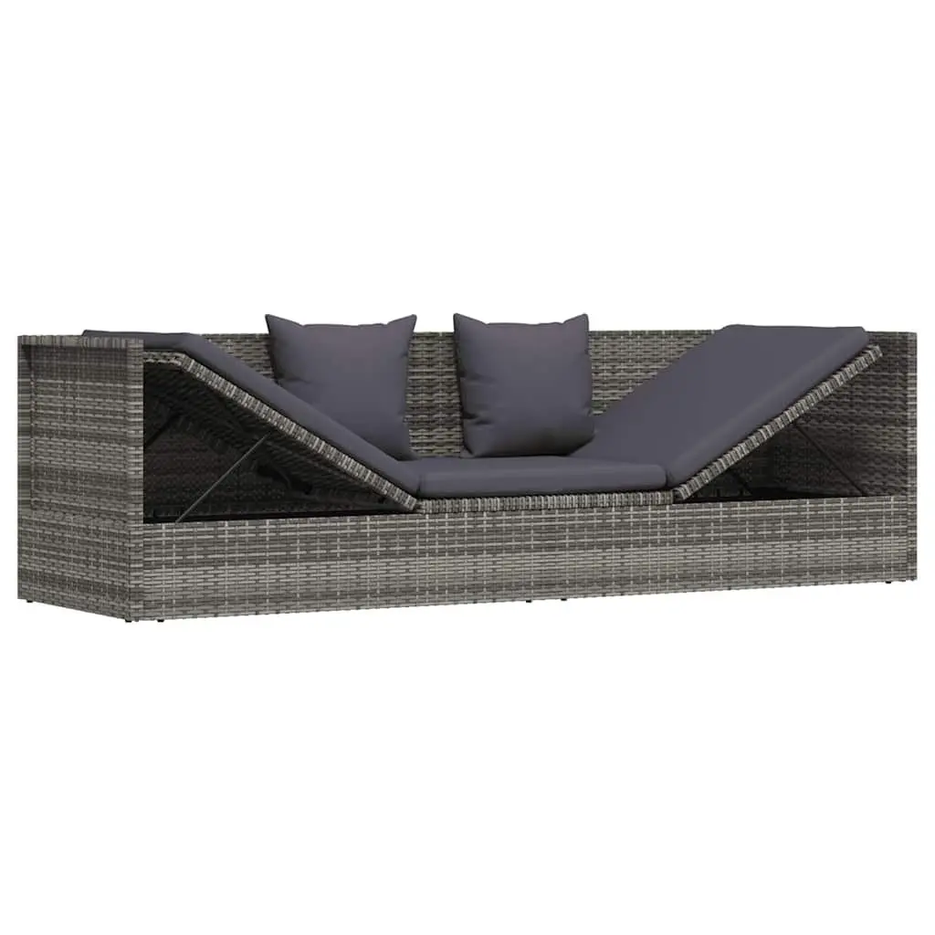 Garden Bed Adjustable Grey Poly Rattan Outdoor Lounger 200x60cm with Cushions