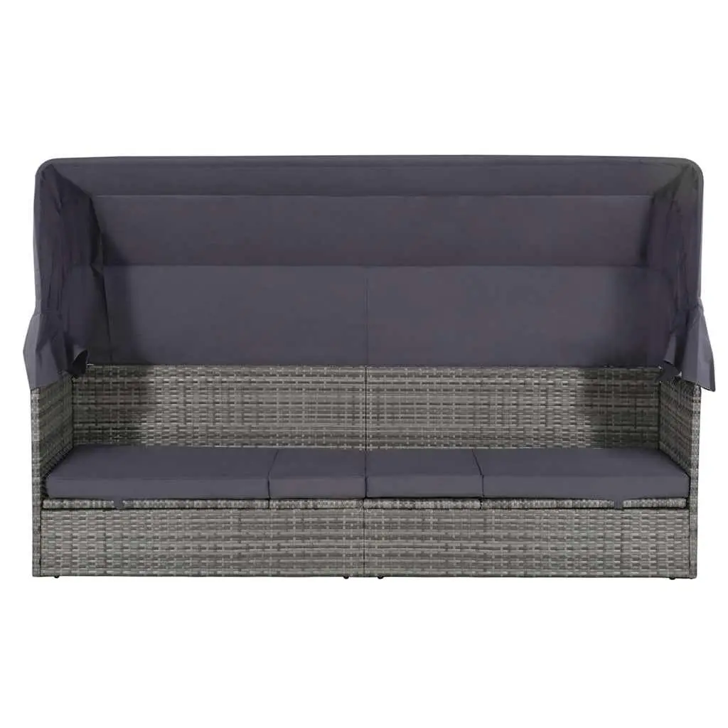 Sun Lounger with Canopy PE Rattan 205 x 62 cm Grey Outdoor Garden Reclining Bed
