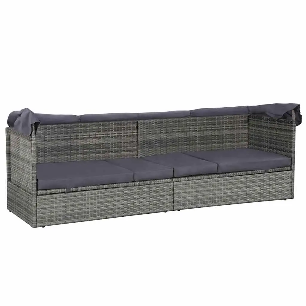 Sun Lounger with Canopy PE Rattan 205 x 62 cm Grey Outdoor Garden Reclining Bed