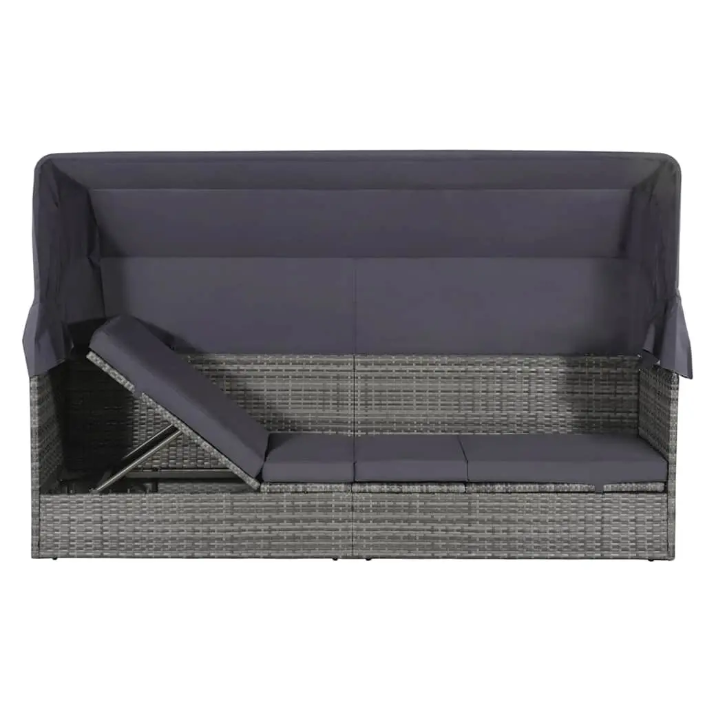 Sun Lounger with Canopy PE Rattan 205 x 62 cm Grey Outdoor Garden Reclining Bed