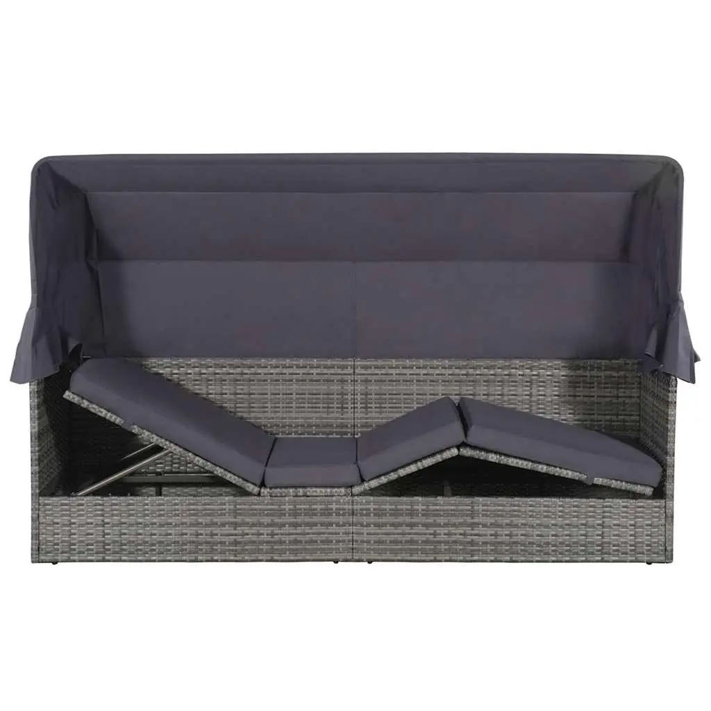 Sun Lounger with Canopy PE Rattan 205 x 62 cm Grey Outdoor Garden Reclining Bed