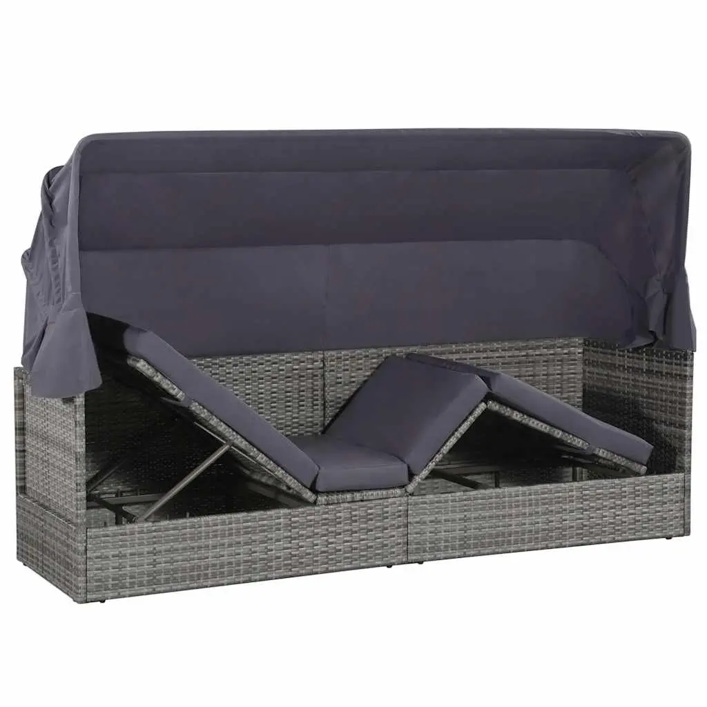 Sun Lounger with Canopy PE Rattan 205 x 62 cm Grey Outdoor Garden Reclining Bed