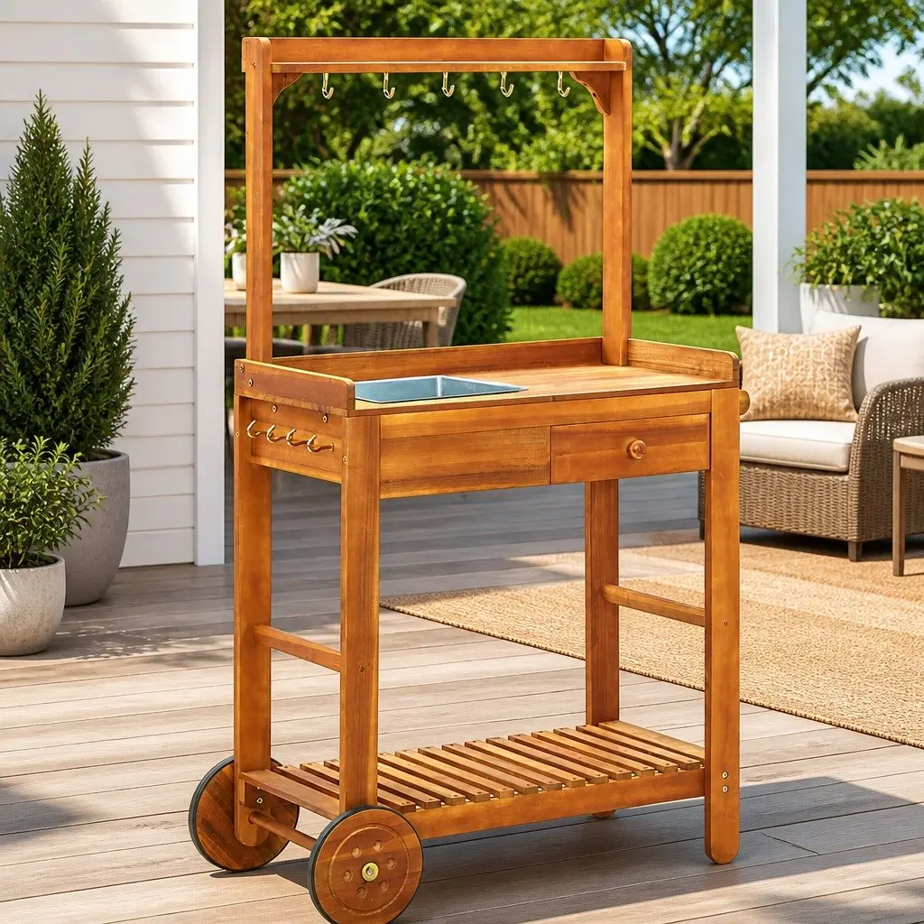 Garden Kitchen Trolley Serving Cart Solid Wood Storage Drawer Shelf Hooks Wheels