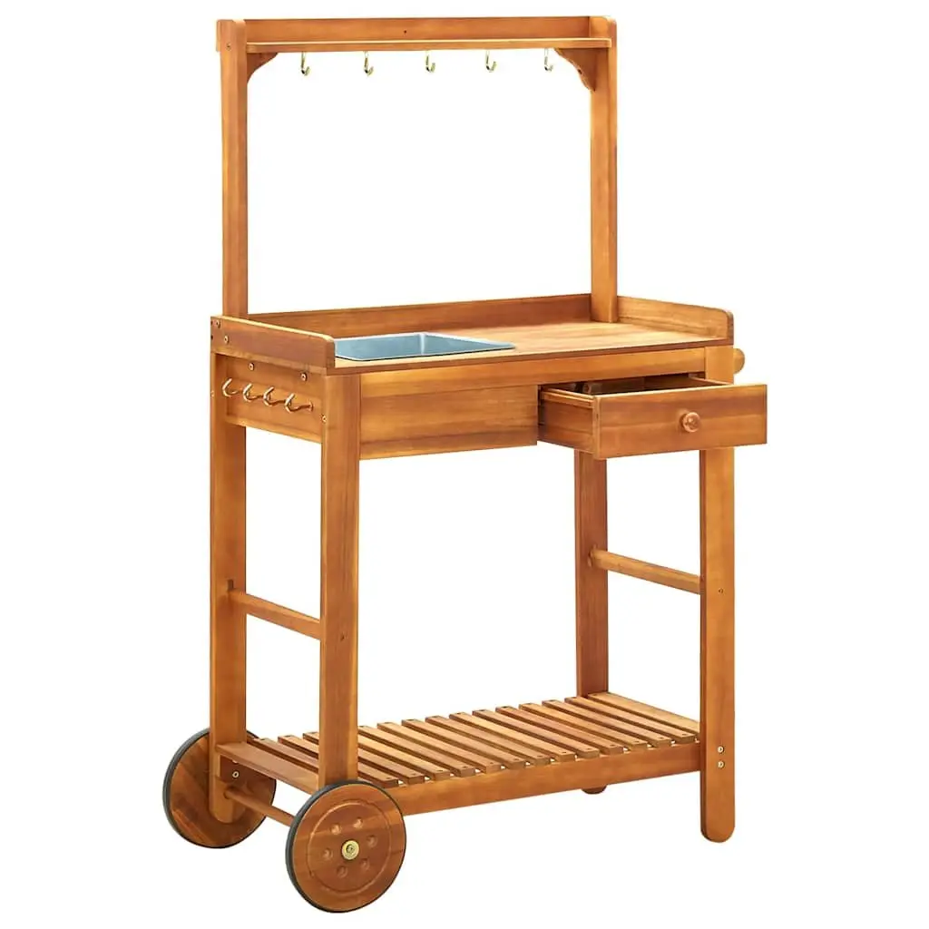 Garden Kitchen Trolley Solid Acacia Wood Brown with Removable Zinc Tray Storage Drawer Shelf 9 Hooks Wheels