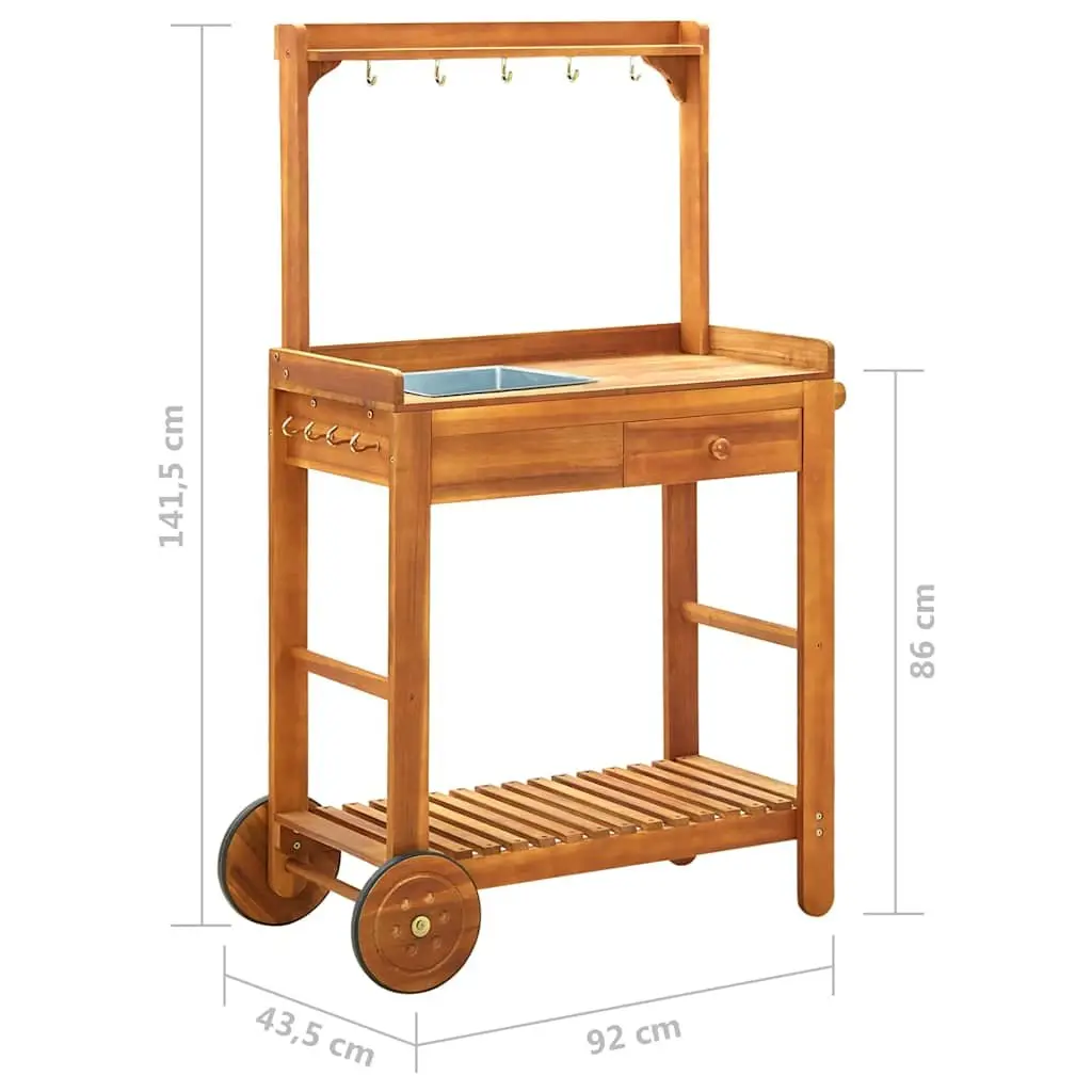 Garden Kitchen Trolley Solid Acacia Wood Brown with Removable Zinc Tray Storage Drawer Shelf 9 Hooks Wheels