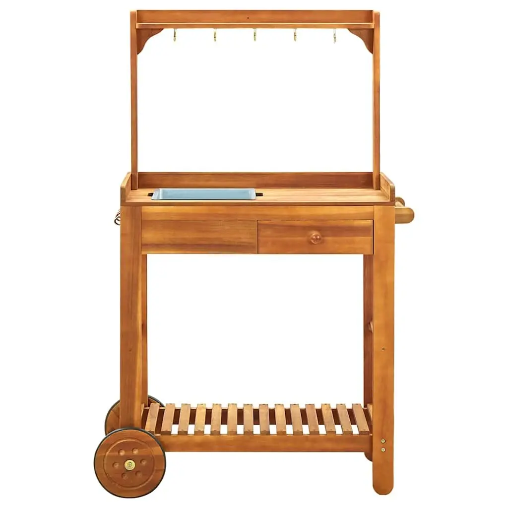 Garden Kitchen Trolley Solid Acacia Wood Brown with Removable Zinc Tray Storage Drawer Shelf 9 Hooks Wheels