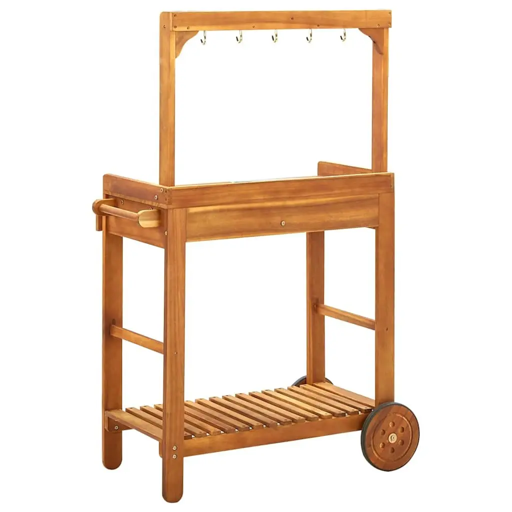 Garden Kitchen Trolley Solid Acacia Wood Brown with Removable Zinc Tray Storage Drawer Shelf 9 Hooks Wheels