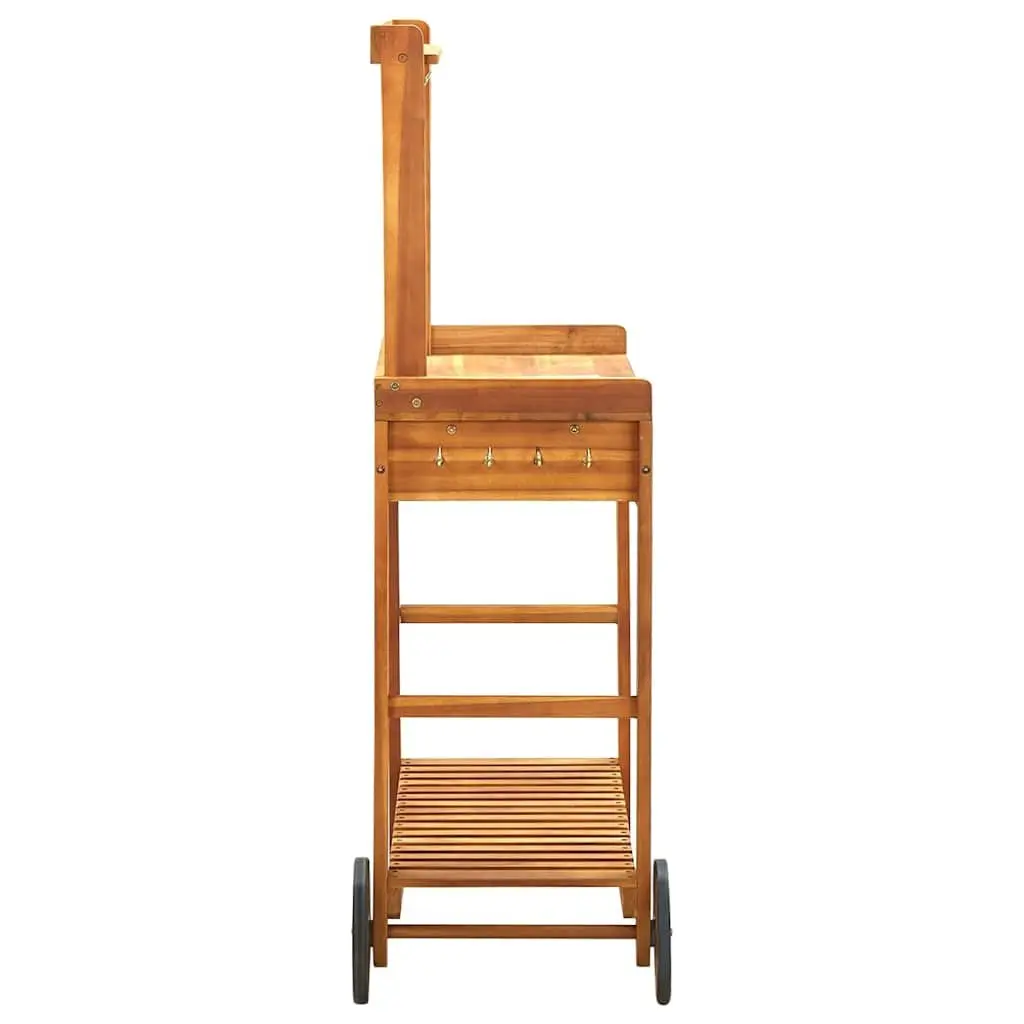 Garden Kitchen Trolley Solid Acacia Wood Brown with Removable Zinc Tray Storage Drawer Shelf 9 Hooks Wheels