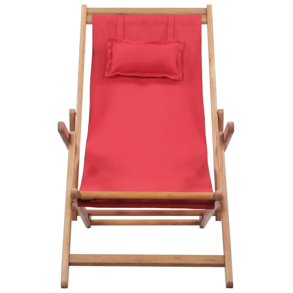 Folding Beach Chair Wooden Frame Reclining Red Outdoor Garden Patio Camping Seat