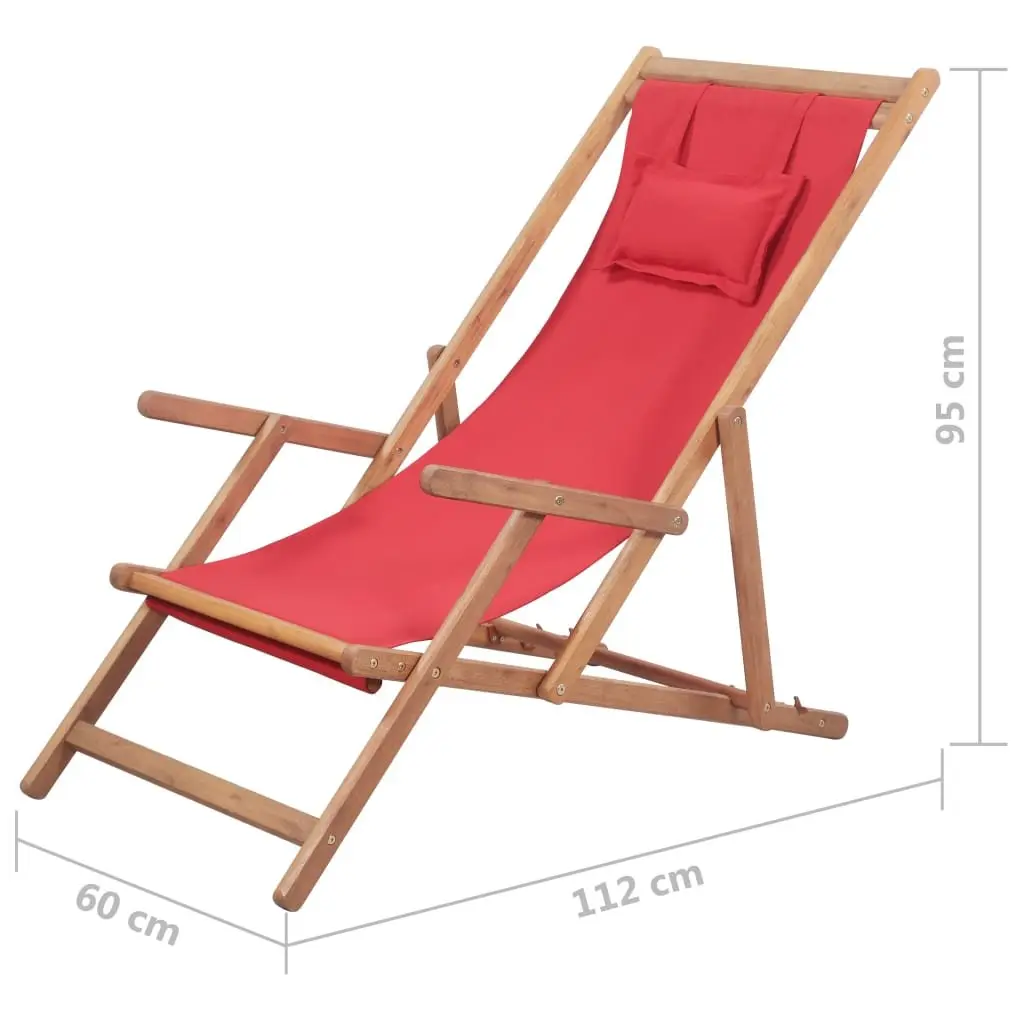Folding Beach Chair Wooden Frame Reclining Red Outdoor Garden Patio Camping Seat