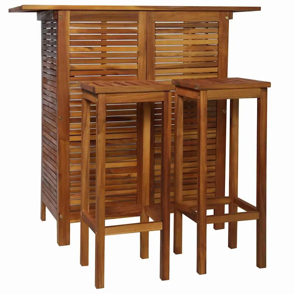 Bar Table and Chair Set Solid Acacia Wood 3 Piece Brown Outdoor Indoor Furniture