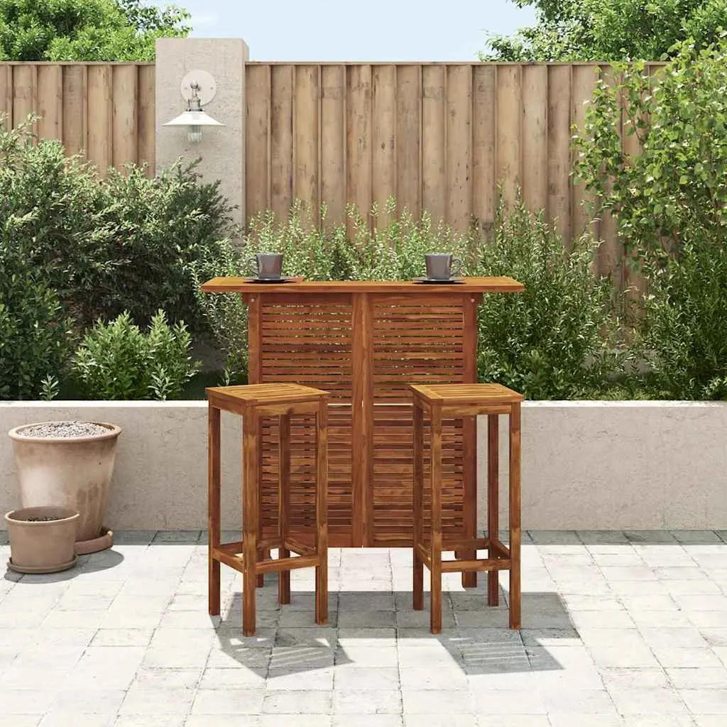 Bar Table and Chair Set Solid Acacia Wood 3 Piece Brown Outdoor Indoor Furniture