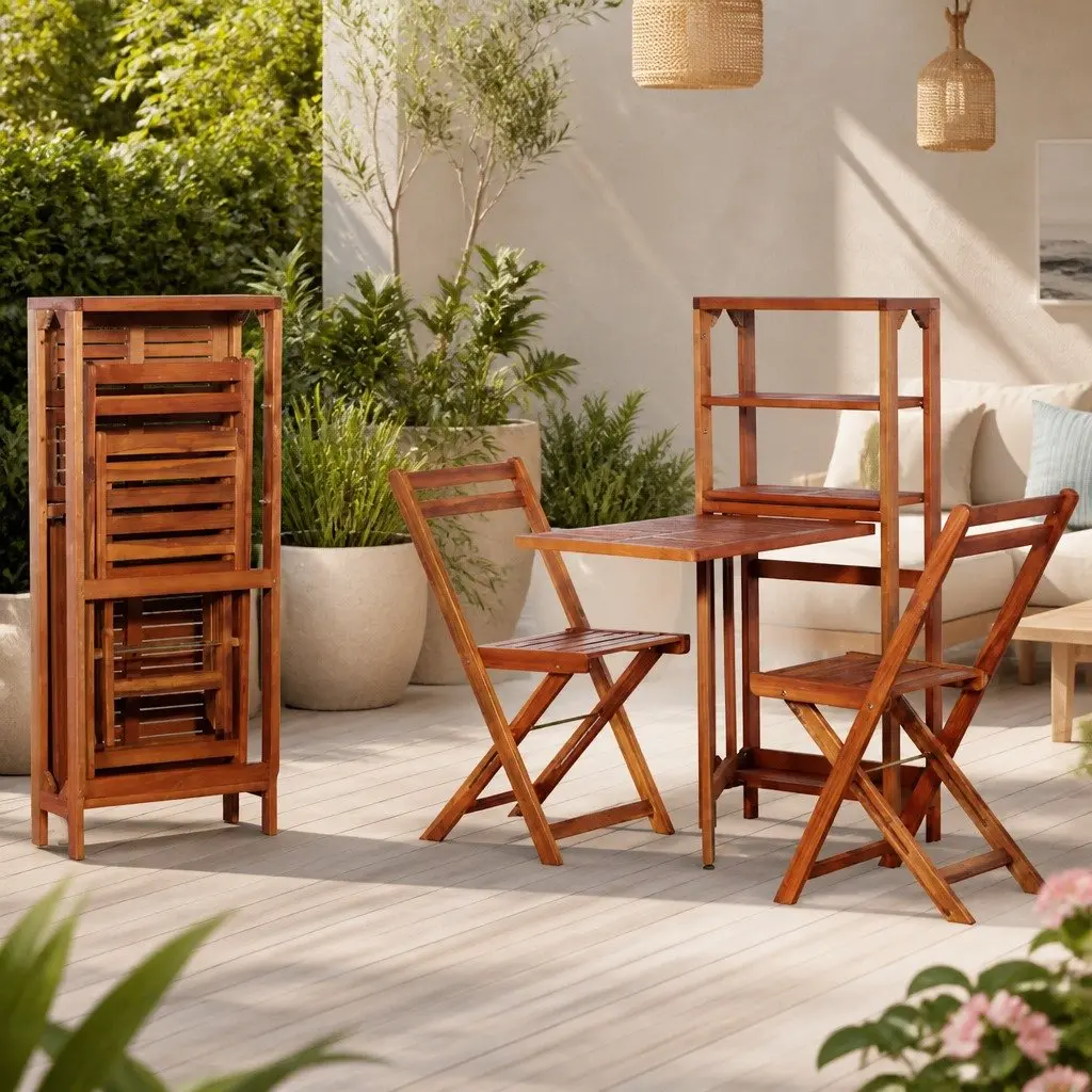 3 Piece Folding Bistro Set Outdoor Furniture Brown Wooden Garden Patio Chairs