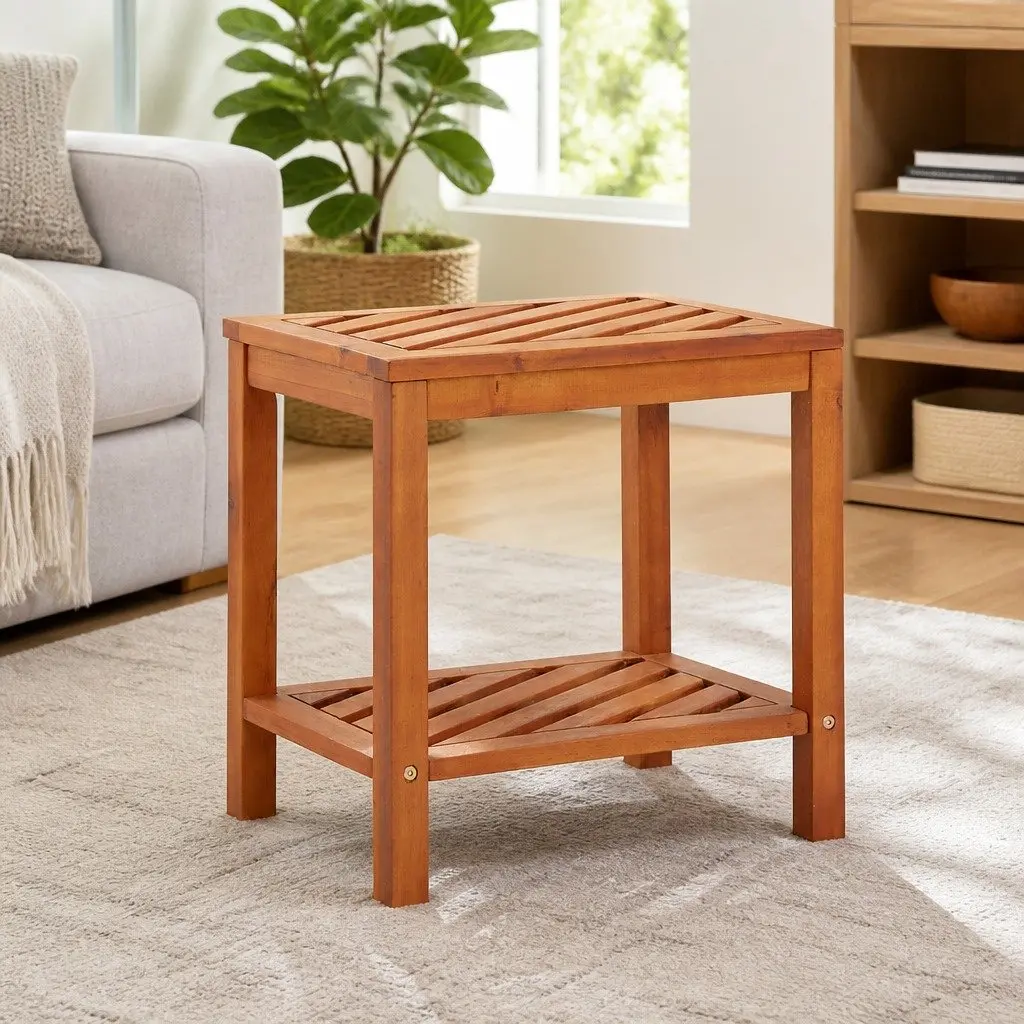 End Table Solid Acacia Wood Two-Tier Storage Brown 45 x 33 x 45 cm