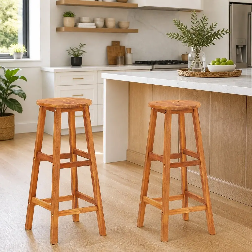 Bar Stools 2 Piece Solid Acacia Wood Brown with Footrest for Kitchen Dining