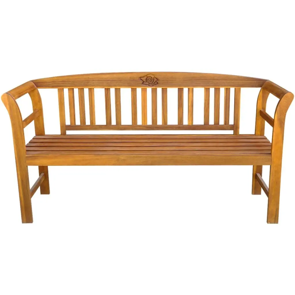 Garden Bench Solid Acacia Wood 157cm Brown Outdoor Seat with Engraved Rose Backrest Armrests