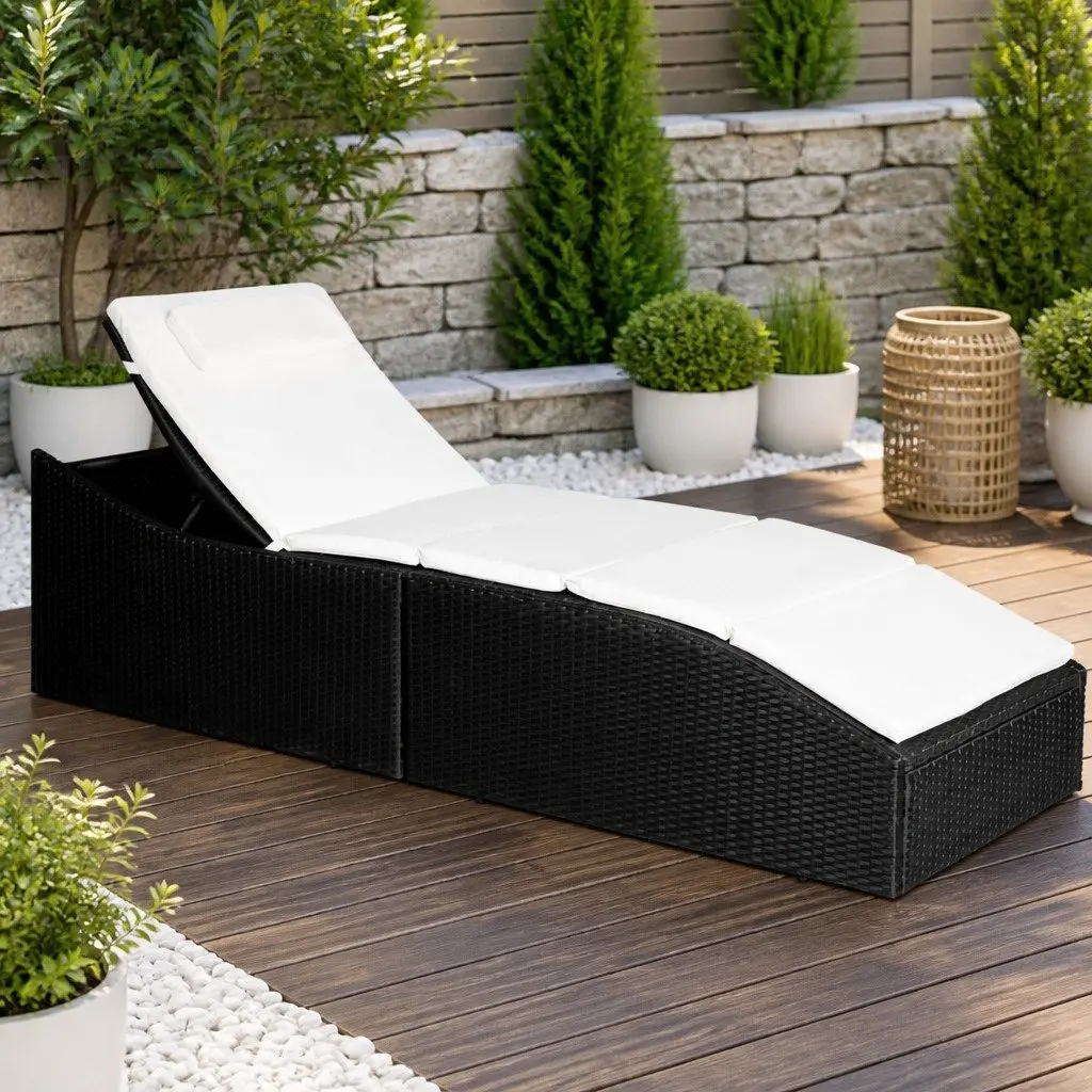 Sun Lounger PE Rattan Adjustable Reclining Chair Black with Cushion