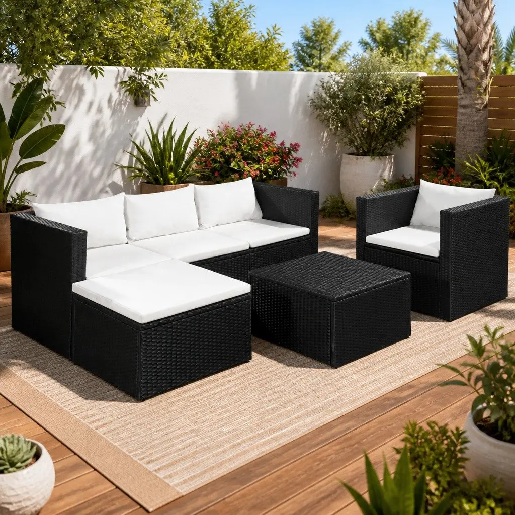 4 Piece Patio Lounge Set Black PE Rattan Sofa Armchair Coffee Table Ottoman