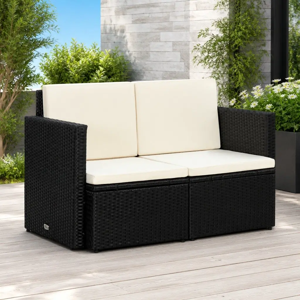 2 Seater Sofa Poly Rattan Black Outdoor Garden Patio Furniture