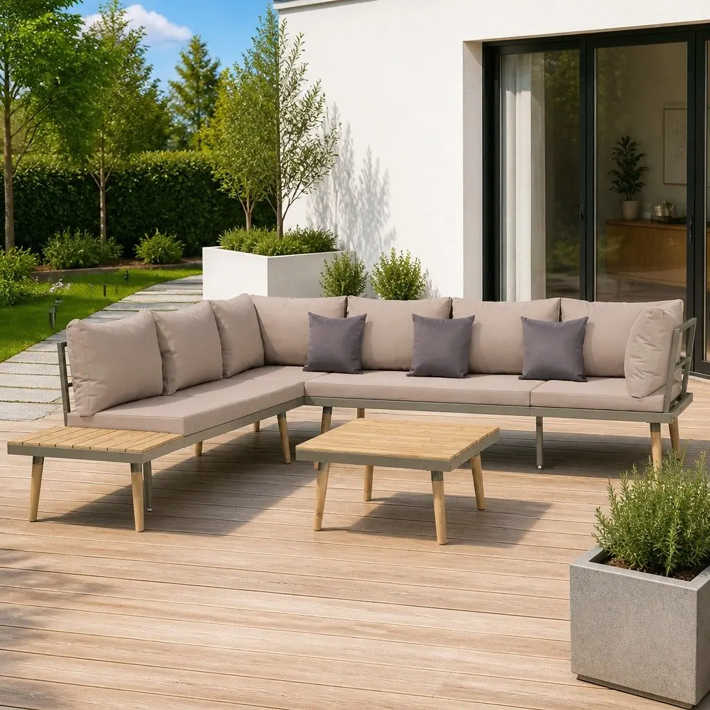4 Piece Garden Lounge Set Solid Acacia Wood and Steel Frame Outdoor Sofa Brown