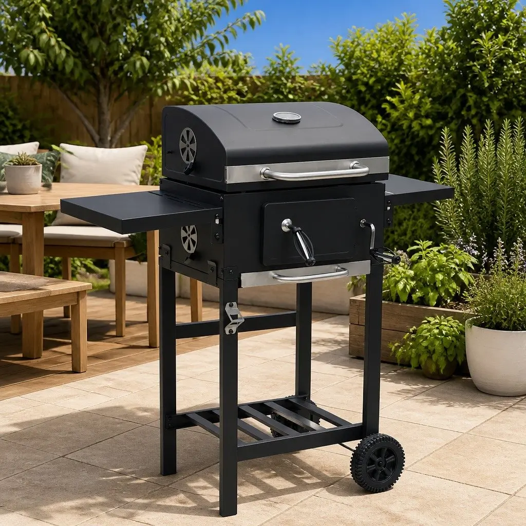 Charcoal BBQ Grill with Bottom Shelf Thermometer Black Outdoor Cooking
