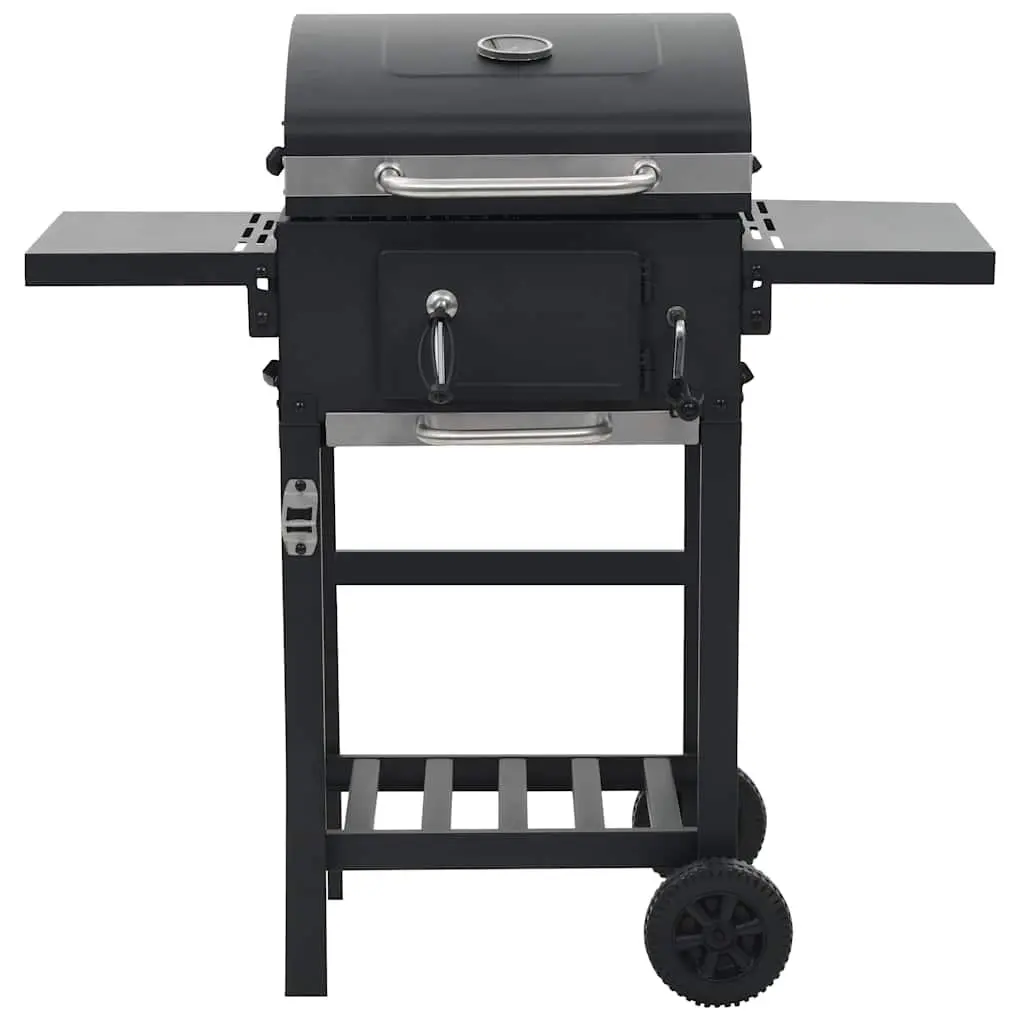 Charcoal BBQ Grill Powder-Coated Steel Black with Integrated Thermometer and Foldable Side Tables