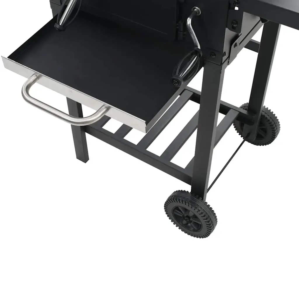 Charcoal BBQ Grill Powder-Coated Steel Black with Integrated Thermometer and Foldable Side Tables