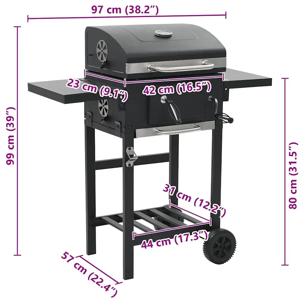 Charcoal BBQ Grill Powder-Coated Steel Black with Integrated Thermometer and Foldable Side Tables