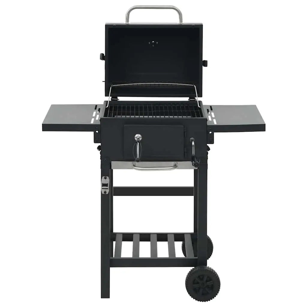 Charcoal BBQ Grill Powder-Coated Steel Black with Integrated Thermometer and Foldable Side Tables