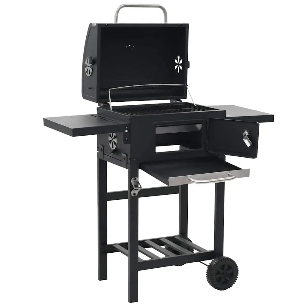 Charcoal BBQ Grill Powder-Coated Steel Black with Integrated Thermometer and Foldable Side Tables