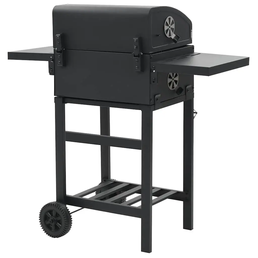 Charcoal BBQ Grill Powder-Coated Steel Black with Integrated Thermometer and Foldable Side Tables