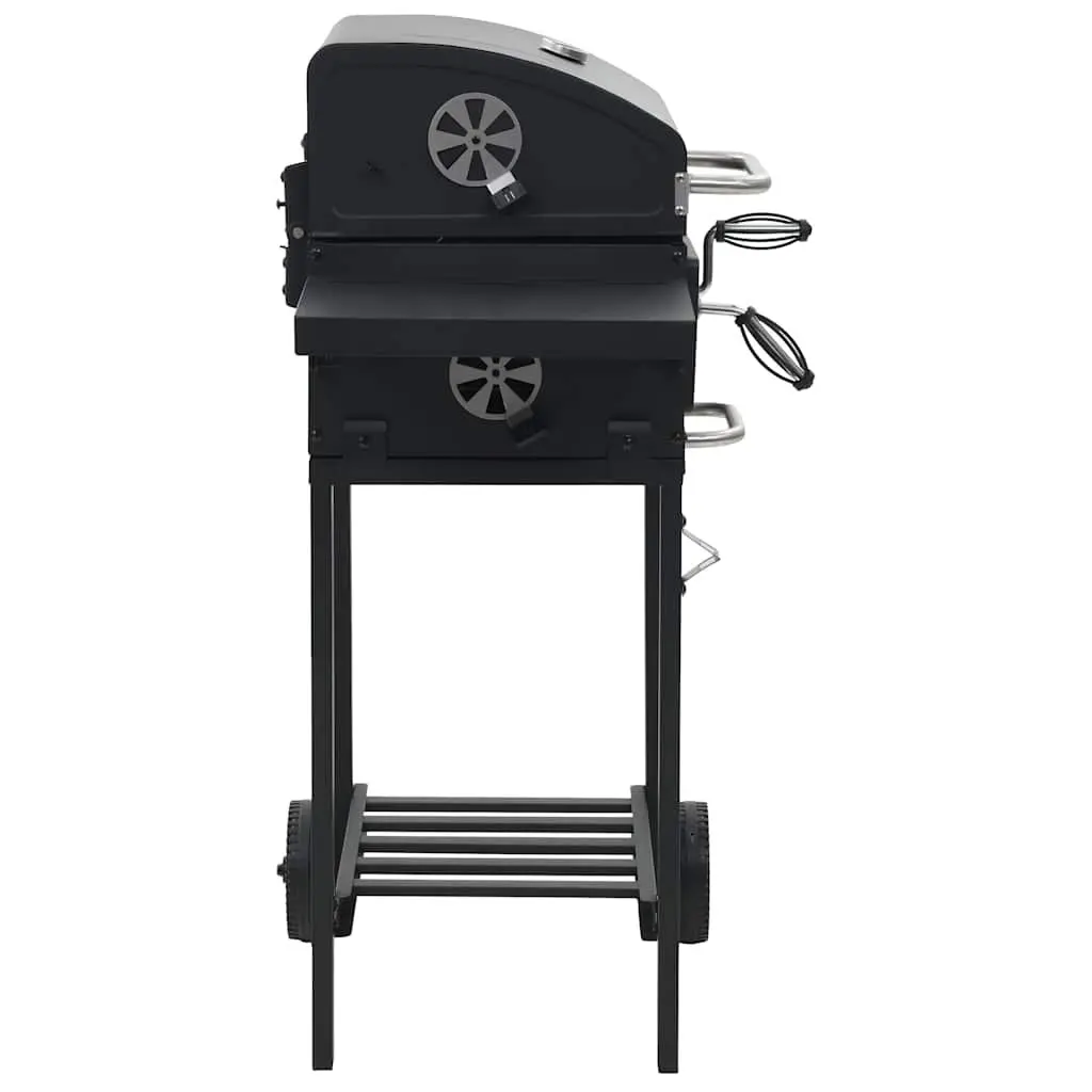 Charcoal BBQ Grill Powder-Coated Steel Black with Integrated Thermometer and Foldable Side Tables