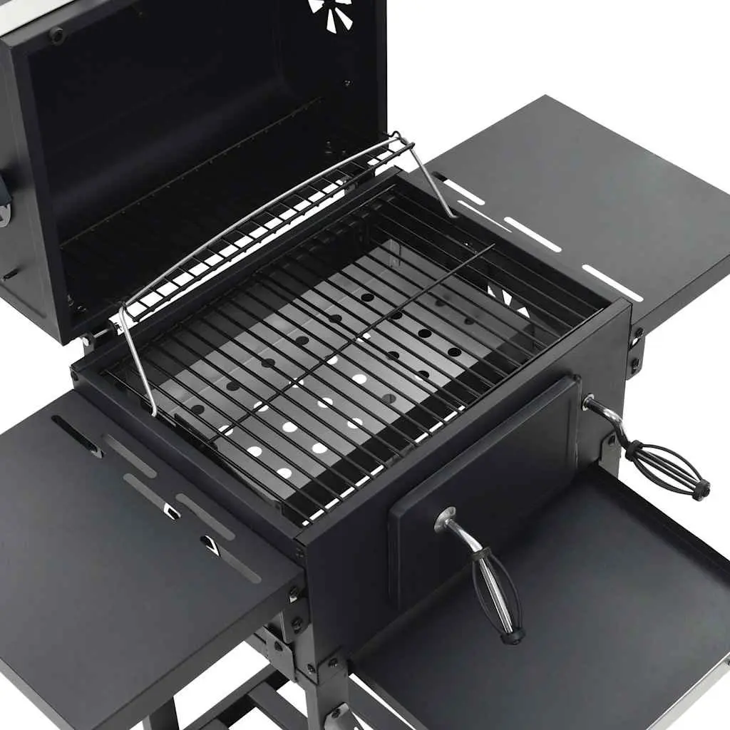 Charcoal BBQ Grill Powder-Coated Steel Black with Integrated Thermometer and Foldable Side Tables