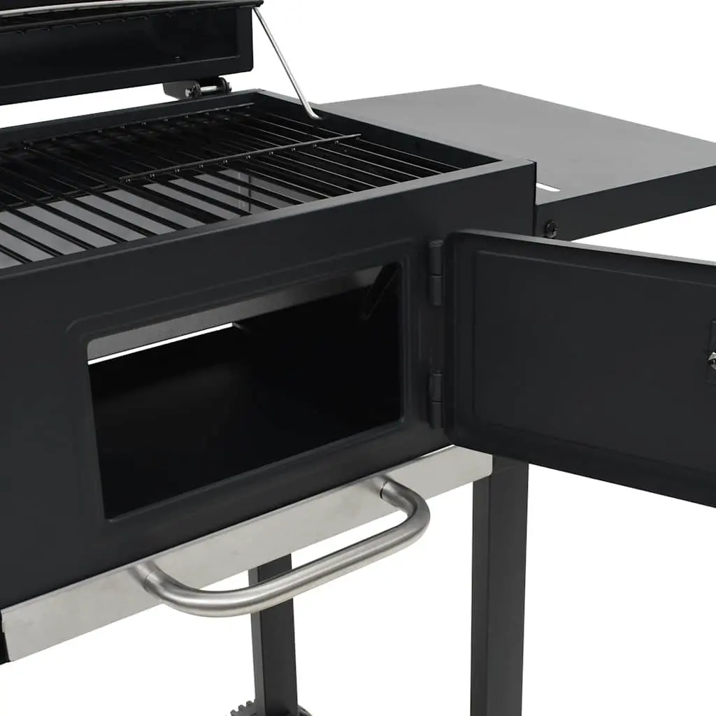 Charcoal BBQ Grill Powder-Coated Steel Black with Integrated Thermometer and Foldable Side Tables