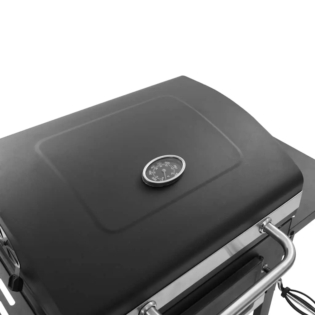 Charcoal BBQ Grill Powder-Coated Steel Black with Integrated Thermometer and Foldable Side Tables