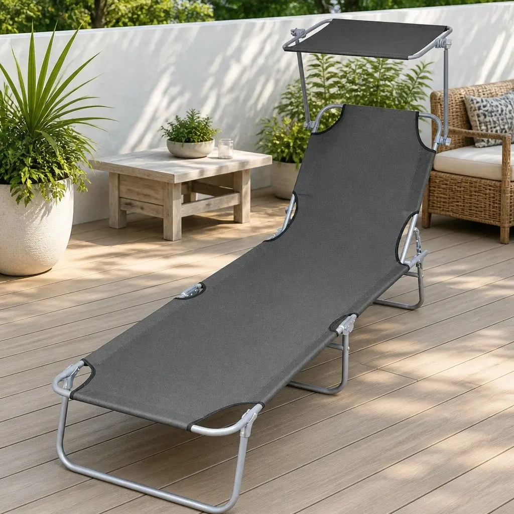 Folding Sun Lounger Powder-coated Steel Frame Adjustable Canopy Grey
