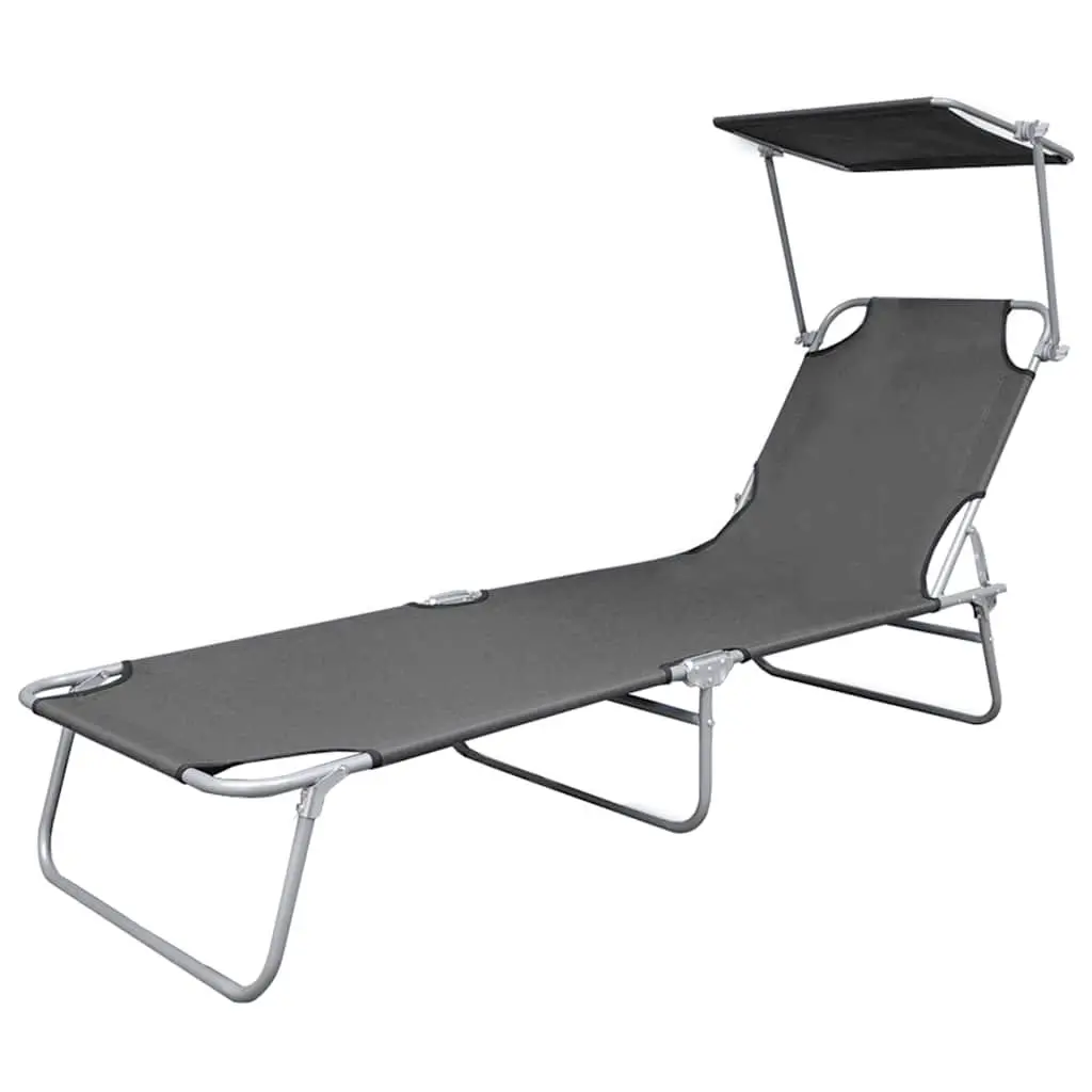 Folding Sun Lounger Powder-coated Steel Frame Adjustable Canopy Grey
