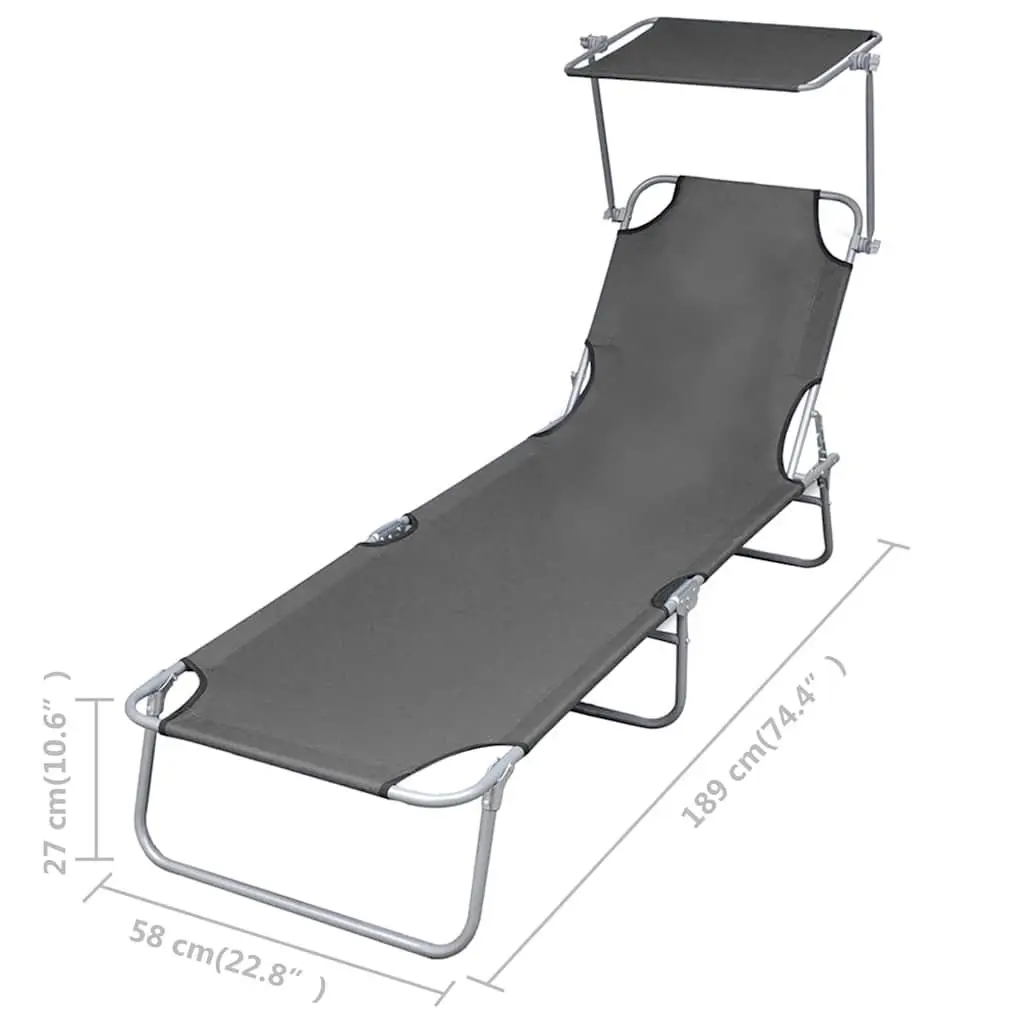 Folding Sun Lounger Powder-coated Steel Frame Adjustable Canopy Grey
